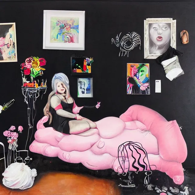 Image similar to a portrait in a female artist's bedroom, black walls, emo girl riding an inflatable pig, sheet music, berries, surgical supplies, pancakes, black flowers, sensual, octopus, neo - expressionism, surrealism, acrylic and spray paint and oilstick on canvas