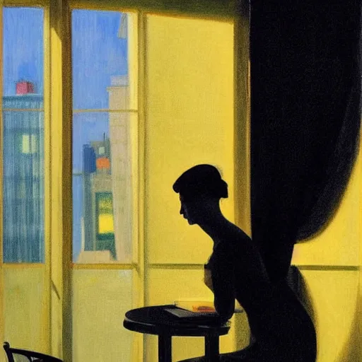 Image similar to silhouette of a woman gazing out her hotel window at the rain, extremely detailed masterpiece, oil on canvas, low-key neon lighting, in the world of Edward Hopper, artstation, by J. C. Leyendecker and Peter Paul Rubens,