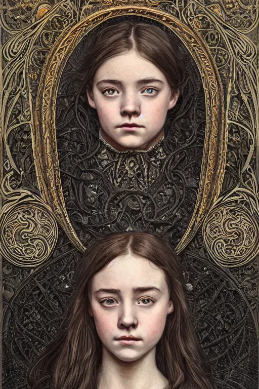 Prompt: a dark head and torso art nouveau portrait of a 16-year old girl who resembles Saoirse Ronan and Anya Taylor Joy with a worried, intense gaze and slightly opened mouth, ornate intricate iridescent battle armor, intricate, elegant, highly detailed, digital painting, artstation, concept art, smooth, sharp focus, illustration, art by John William Waterhouse and Bouguereau and Donato Giancola and alphonse mucha