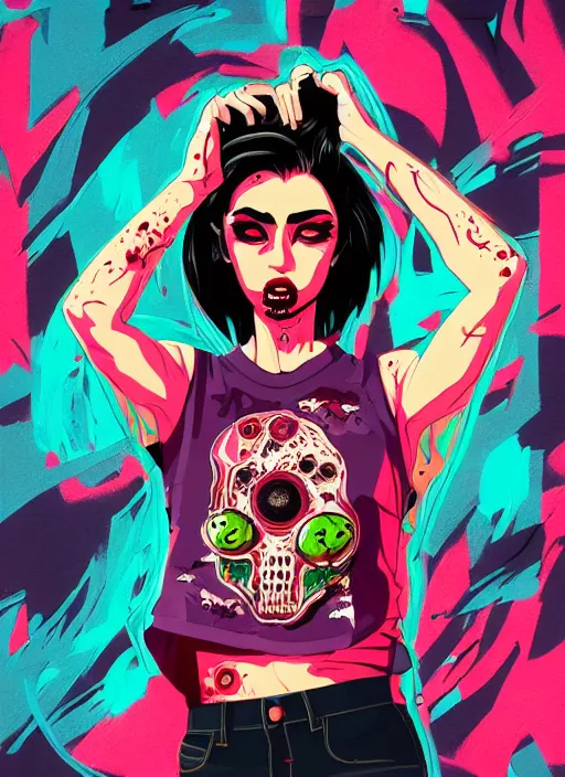 Image similar to zombie full body female hiphop streetwear drip, tristan eaton, victo ngai, artgerm, rhads, ross draws