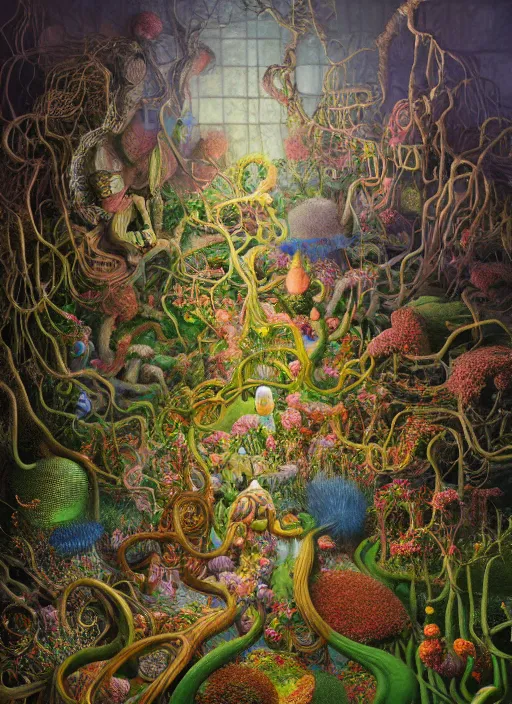 Image similar to hyper detailed 3d render like a Oil painting - the secret tangled garden of lunacy and madness by Jacek Yerka, Mariusz Lewandowski, Houdini algorithmic generative render, Abstract brush strokes, Masterpiece, Edward Hopper and James Gilleard, Zdzislaw Beksinski, Mark Ryden, Wolfgang Lettl, hints of Yayoi Kasuma, octane render, 8k