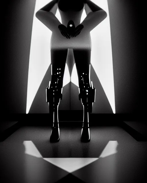 Image similar to black and white high quality photo of a beautiful female AI vegetal-cyborg looking into a sci-fi mirror, volumetric lighting, liminal space, brutalism, foggy, dreamy, hyperdetailed, bokeh, photorealistic, cinematic, masterpiece, Metropolis, elegant, dark, by Fritz Lang in the style of Horst P. Horst, octane render, 8K,