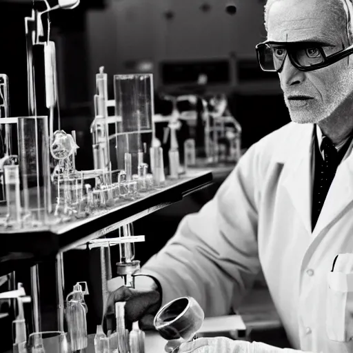 Prompt: Year 2150. Old while male Gray-haired scientist working in the laboratory wering glasses highly detailed human face. Samples of the anti matter in the test tubes displayed on his working station. Westworld movie style, ultrarealistic