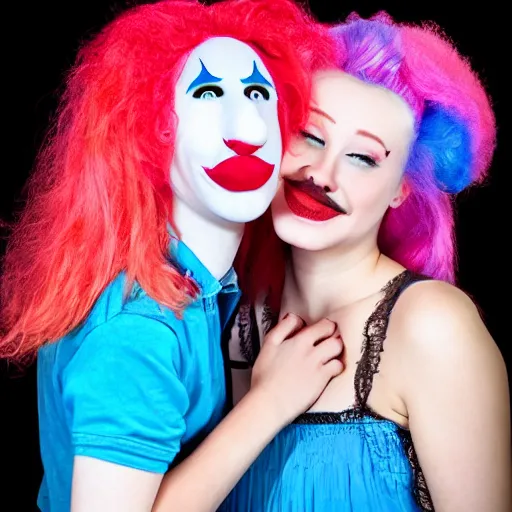 Image similar to teenager with pink hair kissing a clown girl