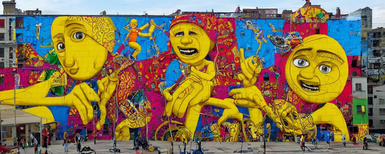 Prompt: a huge and complex mural by os gemeos, street art style, graffiti, hyperdetailed