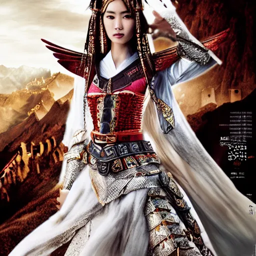 Image similar to angelababy as a Chinese warrior princess on the Great Wall, styling by Tom Eerebout & Sandra Amador, photo by mario testino, cinematic, hyper detailed, micro details, insanely detailed, trending on artstation, concept art