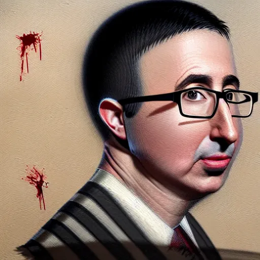 Prompt: Facial portrait. John Oliver, looking at the camera, disgusted. fear inspiring mood, intimidating. extremely detailed painting in pencil and blood on canvas. by Greg Rutkowski and by Henry Justice Ford and by Steve Henderson.