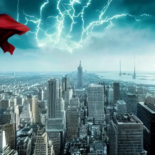 Image similar to Incredible cinematic realistic image of Henry Cavill dressing up the cape as Superman at top of empire state fighting a giant kaiju, destruction over new york, hyper real, intrincate, cinematic global ilumination, dawn, lens flare