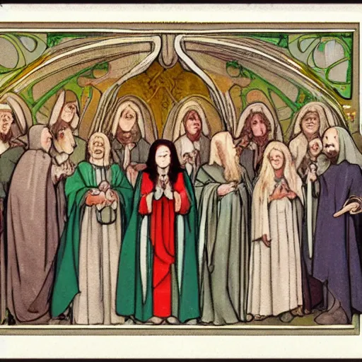 Prompt: seven hobbits in catholic religious garb with halos, background of poison apples, art nouveau