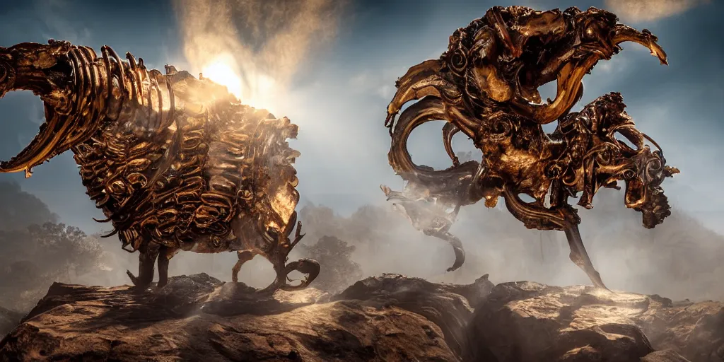Prompt: ribs and spines and teeth, gold ram horns, copper goat skulls, grand imposing powerful sculpture. swirls of mist. sunrise, intense light beams, lens flare. occult photorealism, uhd, amazing depth, volumetric lighting, cinematic lighting. epic landscape.