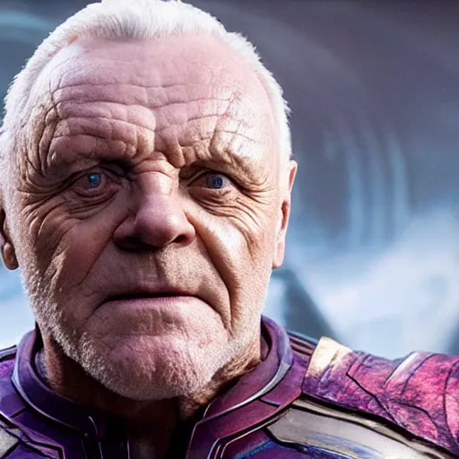 Prompt: Anthony Hopkins playing Thanos in MCU's Endgame, Cinematic, Movie Still