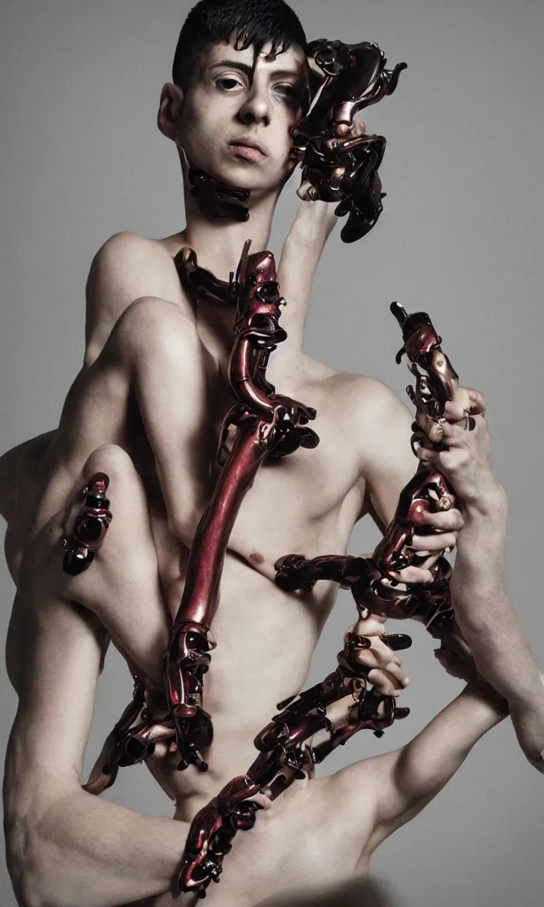Image similar to Arca album cover, Arca emerging from the fog, Arca with opal flesh and mechanical instrument limbs