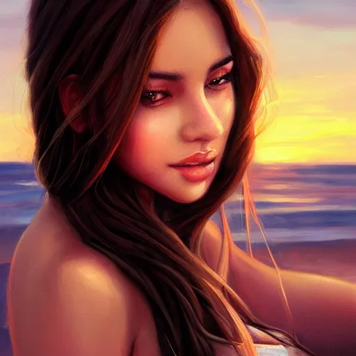 Image similar to portrait of beautiful woman on the beach, brown eyes, sunset, highly detailed, bokeh, trending on art station, digital painting by, artgerm.