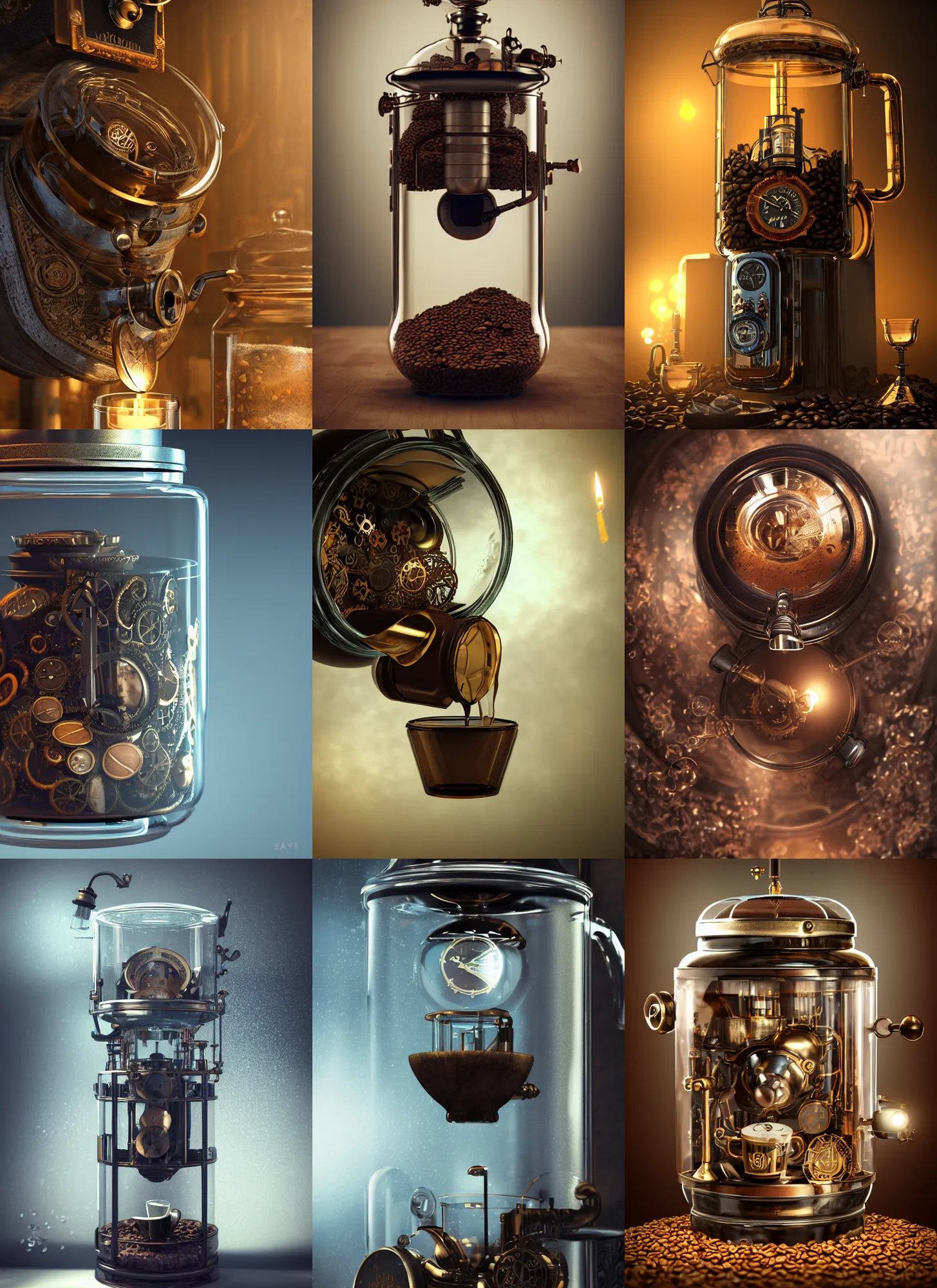 Prompt: steampunk coffee machine inside a glass jar, intricate detail, volumetric lighting, coffeebeans, epic composition, hyper detailed, ultra realistic, sharp focus, octane render, candle, volumetric, ray tracing, artstation trending, cgsociety, sense of awe, swirling mist, 4 k