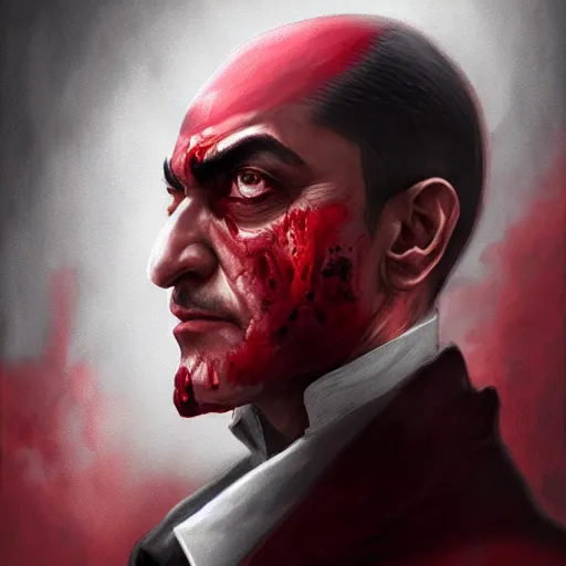 Image similar to portrait of aamir khan upper body in bloody business suit, blood red eyes, vampire fangs, fantasy, intricate, elegant, highly detailed, digital painting, artstation, concept art, matte, sharp focus, illustration, art by aenaluck and roberto ferri and greg rutkowski, epic fantasy, digital painting