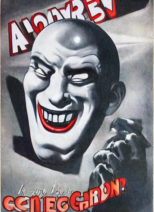 Image similar to creepy Gman with a scary comically large smile, 1940s scare tactic propaganda art