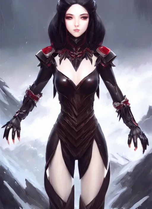 Image similar to full plate armor!!! beautiful and elegant dark hair female vampire!! gorgeous ayes!! character concept art, sharp focus, octane render! unreal engine 5! highly rendered!! trending on artstation!! detailed linework!! illustration by artgerm, wlop, and chie yoshii