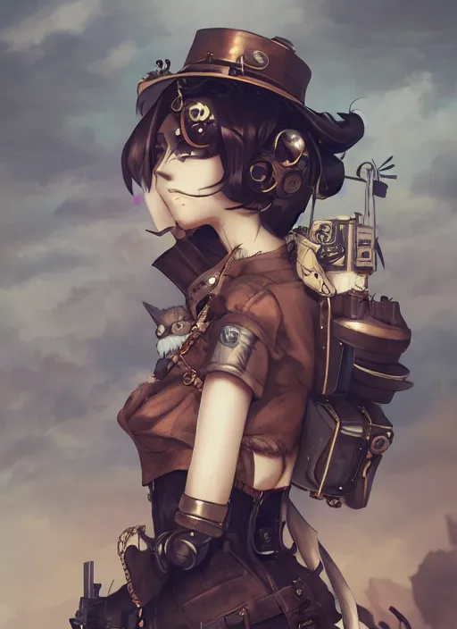 Image similar to steampunk themed anime girl with a steampunk robotic crow on her shoulder, finely detailed, portrait, beautiful, cinematic lighting, made by wlop, artgerm, illustration