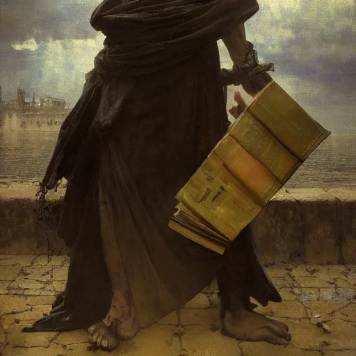 Image similar to half portait of magican wearing a closed cowl holding a big old book! chained!! to his wrist, jeremy mann, jean leon gerome, alphonse mucha, greg rutkowski, hood covers his eyes, ( ( ruins of ancient rome ) ), at dusk, mysterious atmosphere, sunrays, dof, masterpiece, high detailed, 8 k