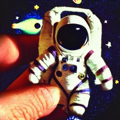 Image similar to polaroid of a cute toy wool astronaut in real space