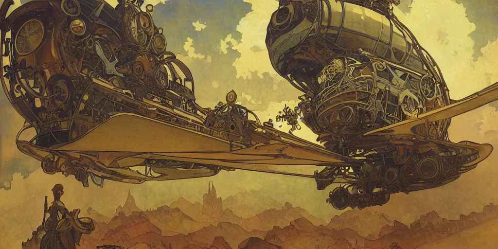 Image similar to a steampunk airship emerges over the horizon of an alien planet, artwork by alphonse mucha, dramatic lighting, long shadows, brushstrokes, paper texture.