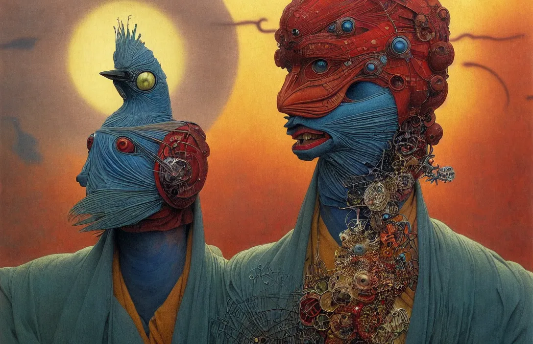 Image similar to realistic detailed portrait movie shot of a birdman wearing a dark robes, sci fi city landscape background by denis villeneuve, amano, yves tanguy, alphonse mucha, ernst haeckel, max ernst, roger dean, masterpiece, rich moody colours, dog teeth, blue eyes, sunset