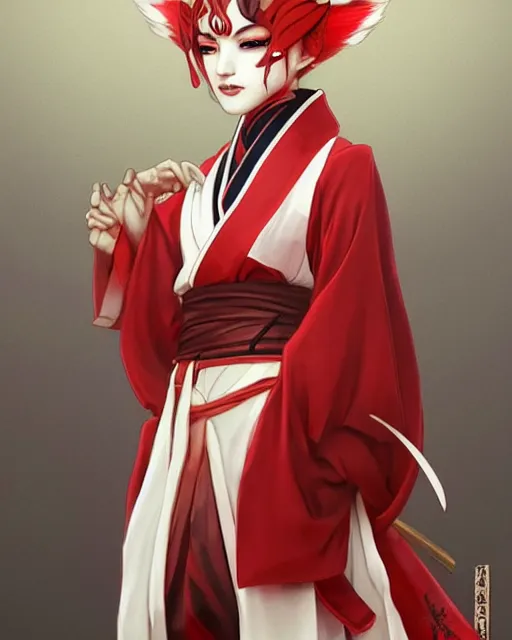 Image similar to Ssunbuki as a kitsune wearing a red and white kimono, portrait, visualartzi, korean, concept art by Karla Ortiz, James Paick, Charlie Bowater, Krenz Cushart, highly detailed, ultra detailed, ultra realistic, trending on artstation, cgstudio