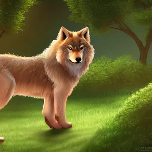 Image similar to professional stylized full - body digital art of a side profile of a tibetan wolf, light tan fur, fluffy, falling leaves, hd, 8 k, highly detailed, high quality, cute