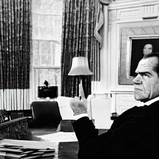 Image similar to Richard Nixon drinking whiskey in the oval office