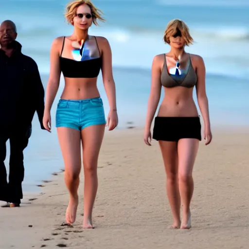 Image similar to Jennifer Lawrence and Jennifer Lawrence walking along the beach together, golden hour, hyperdetailed, 8k,