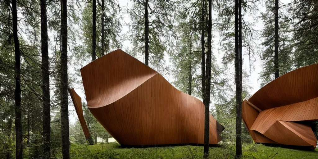 Prompt: wooden cabin designed by zaha hadid in an ominous forest, architectural photography