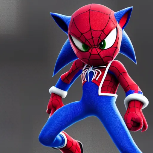 Prompt: A photo realistic image of sonic the hedgehog in a Spiderman costume, HQ, 4k