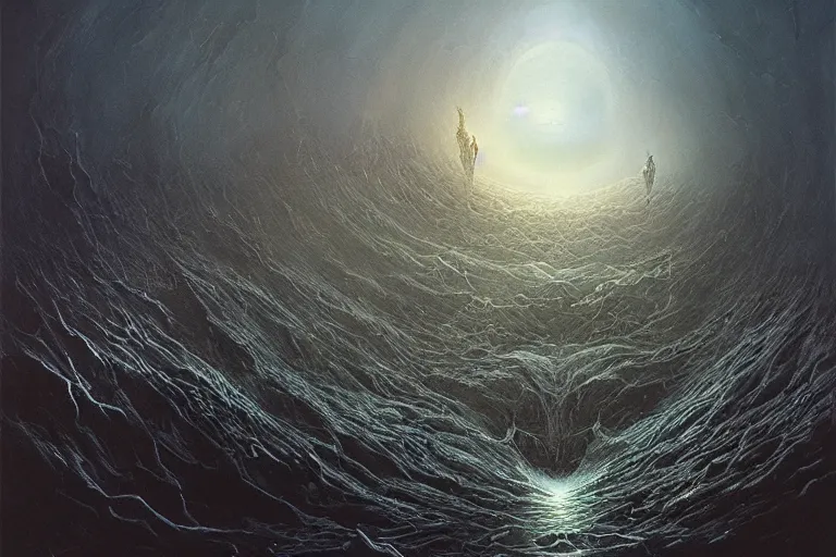 Prompt: maelstrom, gehenna, chaos, vortex of the abyss, the world without form and void, amazing concept painting by Jessica Rossier and HR giger and Beksinski