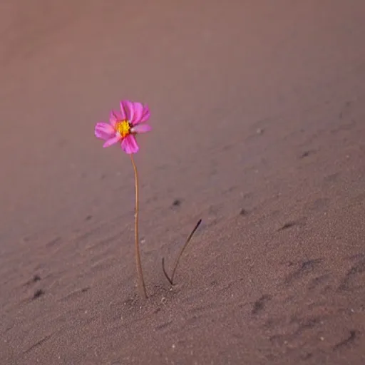 Prompt: a single small pretty flower blooms in the middle of a bleak arid empty desert, sand dunes