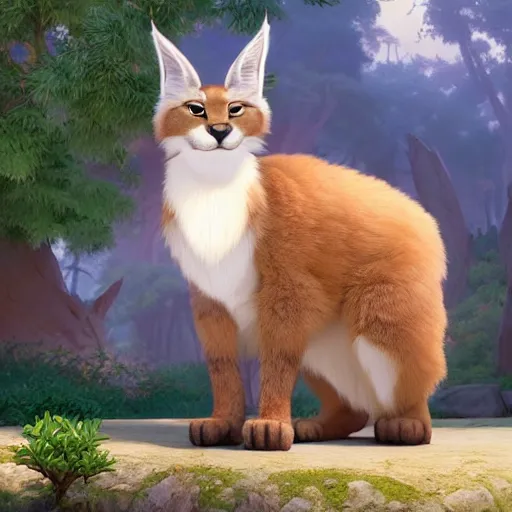 Image similar to a wholesome animation key shot of a cute fluffy caracal wearing white robe, studio ghibli, pixar and disney animation, sharp, rendered in unreal engine 5, anime key art by greg rutkowski, bloom, dramatic lighting