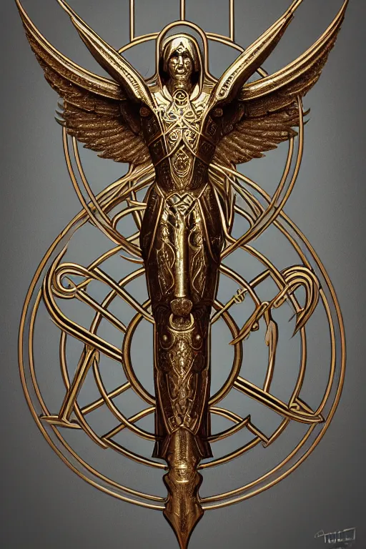 Image similar to Old judean symbol of archangel Gabriel. Symbol made out of metal. Cooper lining ,intricate, elegant, highly detailed, digital painting, artstation, concept art, smooth, sharp focus, illustration, art by Ilja Repin