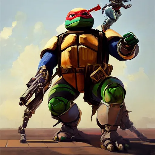 Image similar to greg manchess portrait painting of armored teenage mutant ninja turtles as overwatch character, medium shot, asymmetrical, profile picture, organic painting, sunny day, matte painting, bold shapes, hard edges, street art, trending on artstation, by huang guangjian and gil elvgren and sachin teng