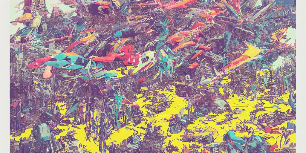 Prompt: risograph rendition, gigantic mecha arzach birds with dragonflies, tiny rats, yellow colors, a lot of exotic animals around, big human faces everywhere, helicopters and tremendous birds, by satoshi kon and moebius, matte bright colors, surreal design, crispy, super - detailed, a lot of tiny details, fullshot