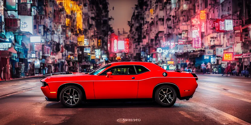 Image similar to dodge challenger with blood vinyil in the middle of a road on the night Hong Kong china town, blue color grading, cinematic color grading , unreal 5, hyperrealistic, realistic, photorealistic, dynamic lighting, highly detailed, cinematic landscape, studio landscape, studio lighting