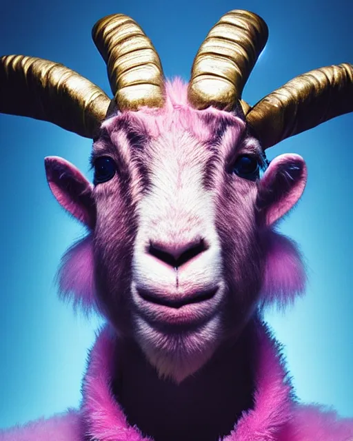 Prompt: natural light, soft focus portrait of a cyberpunk anthropomorphic goat with soft synthetic pink skin, blue bioluminescent plastics, smooth shiny metal, elaborate ornate head piece, piercings, skin textures, by annie leibovitz, paul lehr