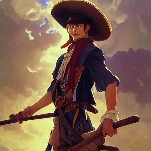 Image similar to Young pirate wearing a straw hat, a scar in the shape of an X on his chest, who wants to be the pirate king and can stretch his body as a rubber, anime style, cartoon, manga, pencil, art by artgerm and greg rutkowski and alphonse mucha