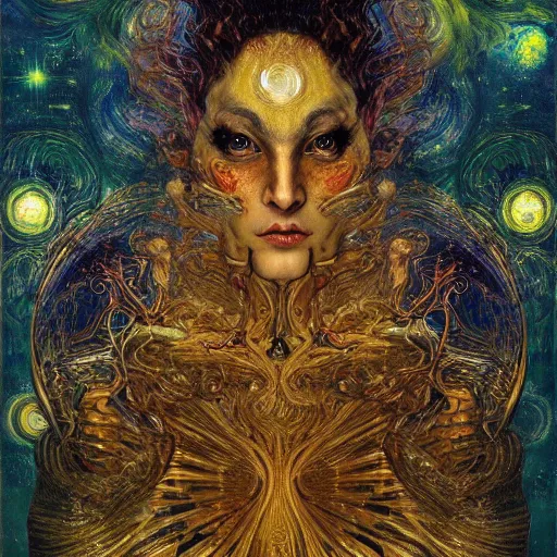 Prompt: Divine Chaos Engine portrait by Karol Bak, Jean Deville, Gustav Klimt, and Vincent Van Gogh, celestial, visionary, sacred, fractal structures, ornate realistic gilded medieval icon, spirals, mystical