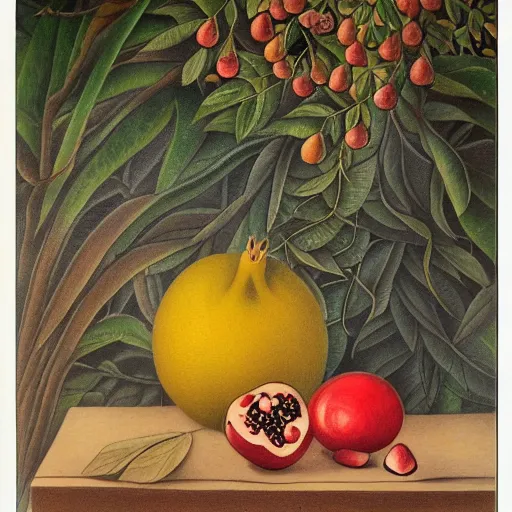 Prompt: a beautiful ultradetailed tattoo drawing of a still life with an open pomegranate in naïve art style by henry rousseau, trending on art station, 4K