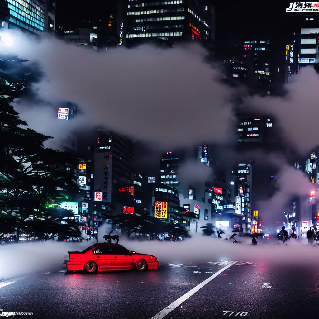 Image similar to JZX100 twin turbo drift in Shibuya, misty night