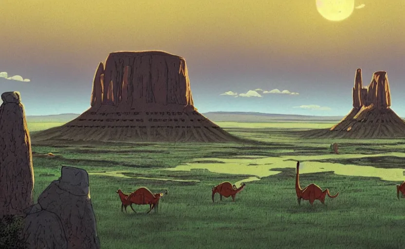 Prompt: a realistic cell - shaded studio ghibli concept art from paprika ( 2 0 0 6 ) of a flying multi - colored rocketship from close encounters of the third kind ( 1 9 7 7 ) in a flooded monument valley stonehenge jungle with giant trees on a misty starry night. a pack of camel are in the foreground. very dull colors, portal, hd, 4 k, hq