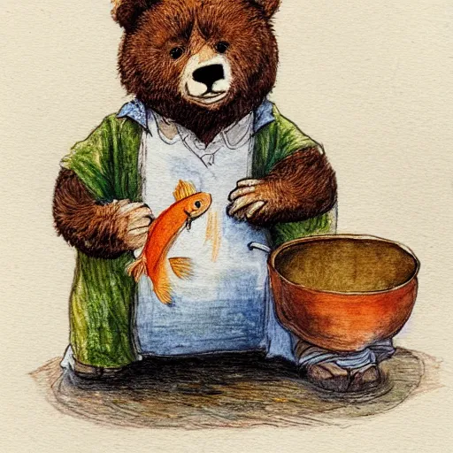 Prompt: a grumpy human man in a bear costume, holding a goldfish inside a bowl. watercolour with pencil, in the style of beatrix potter.