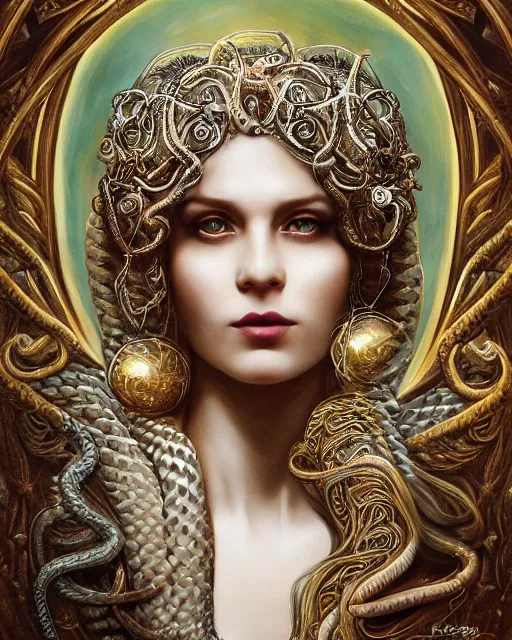 Image similar to portrait of the strangly beautiful young goddess of snakes, surreal, fantasy, intricate, elegant, dramatic lighting, emotionally evoking symbolic metaphor, highly detailed, lifelike, photorealistic, digital painting, painterly, artstation, concept art, smooth, head in focus, sharp focus, illustration, art by John Collier and Krenz Cushart and Artem Demura and Alphonse Mucha and Albert Aublet,