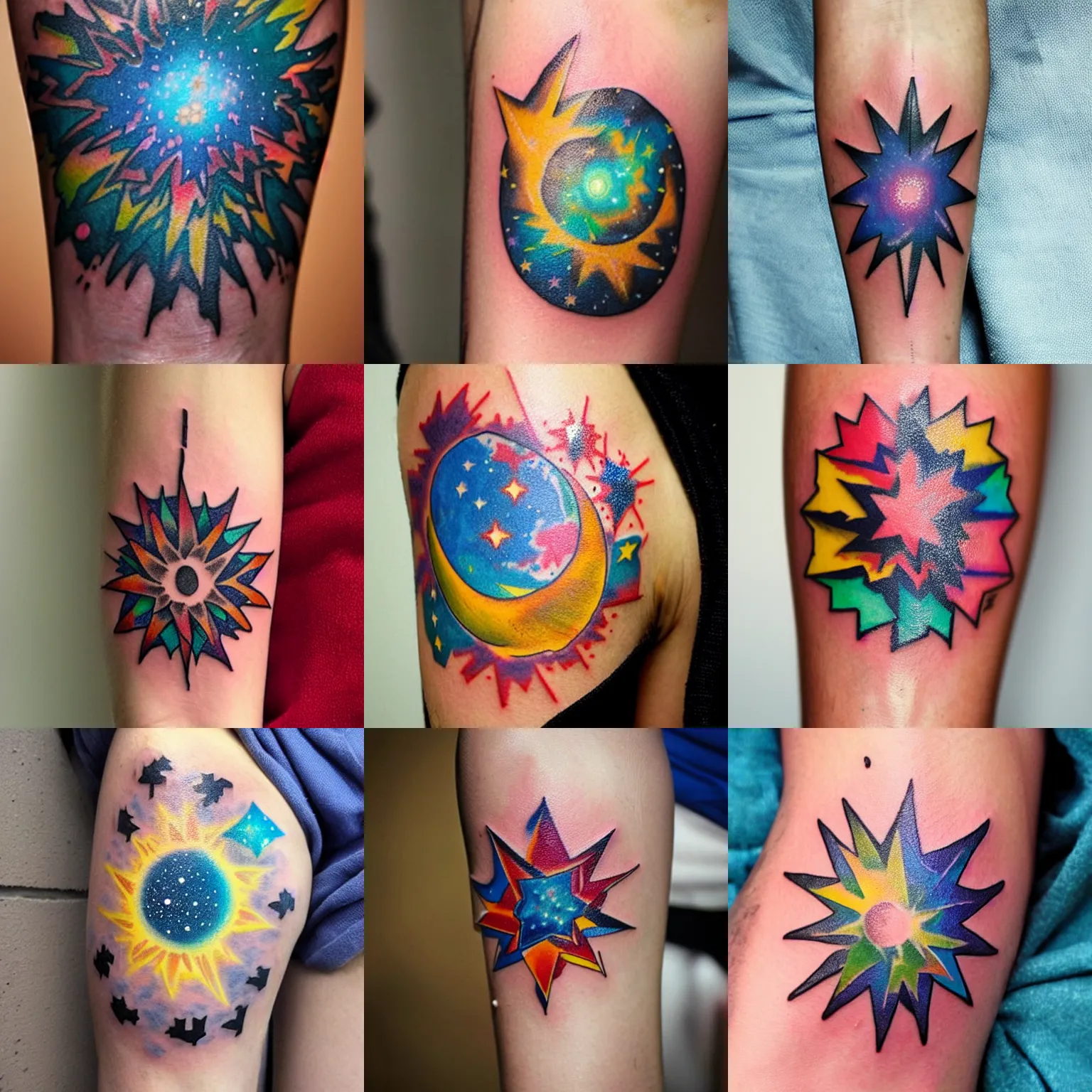 Prompt: an amazing stick and poke tattoo of a super nova, colorful