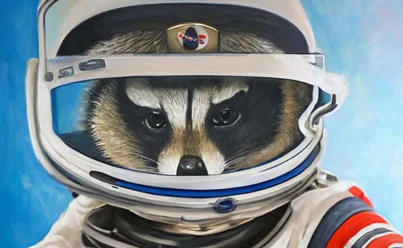 Image similar to oil painting of a racoon in a astronaut suit with helmet, 35mm, photo, Epic, cinematic, highly detailed and intricate