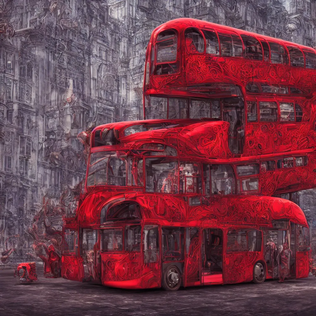 Image similar to mythical red organic biomechanical london bus. futuristic. blue blurry background. highly detailed, intricate steampunk ornate, poetic, 3 d render, digital art, octane render, 8 k artistic photography, photorealistic.